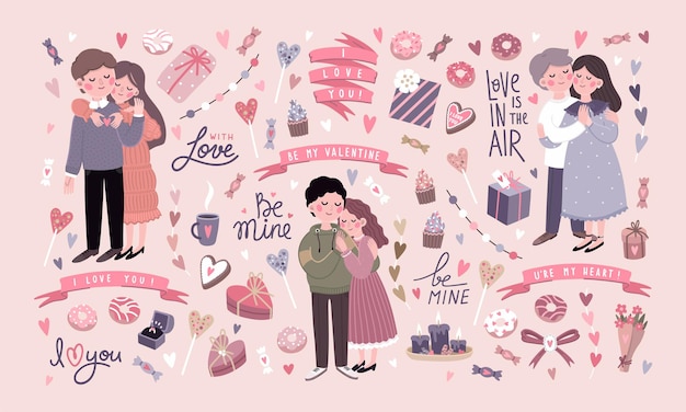 Vector lindo amor romántico ilustración para el día de san valentín con elementos de vacaciones letras y corazonesxD