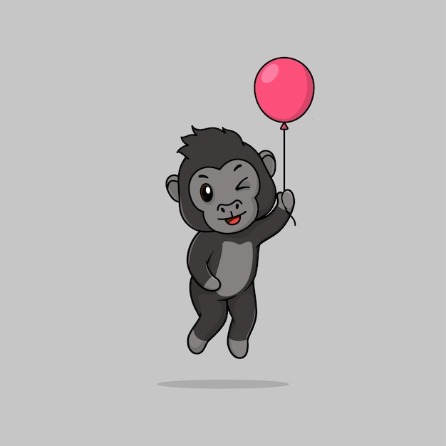 Vector lindo bebé gorila dibujos animados flotando sosteniendo globo icono ilustración