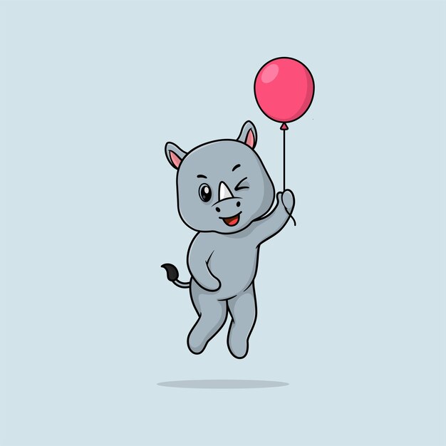 Vector lindo bebé rinoceronte dibujos animados flotando sosteniendo globo icono ilustración
