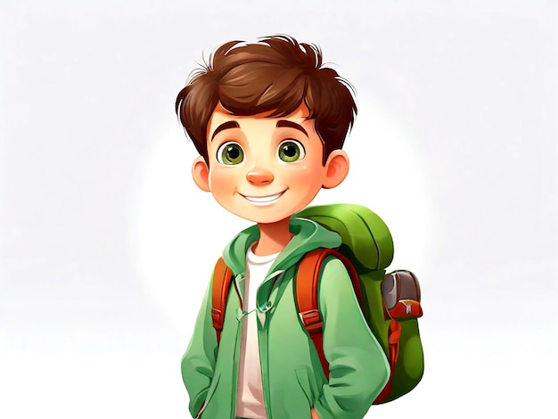 Vector lindo chico con saludo de mochila verde en blanco aislado
