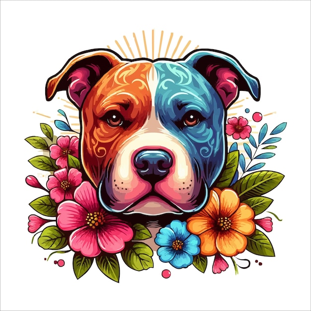 Vector lindo colorido cabeza de perro pitbull con flores en el lado