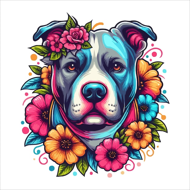 Vector lindo colorido cabeza de perro pitbull con flores en el lado