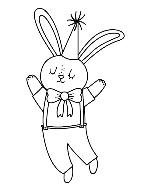 Vector lindo conejo saltando blanco y negro en sombrero de cumpleaños. Divertido animal de b-day para tarjeta, afiche, diseño de impresión. Esquema de ilustración de vacaciones para niños. Icono de línea de carácter de celebración alegre.