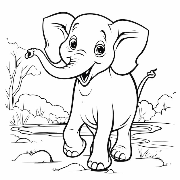 un vector de un lindo elefante en color blanco y negro