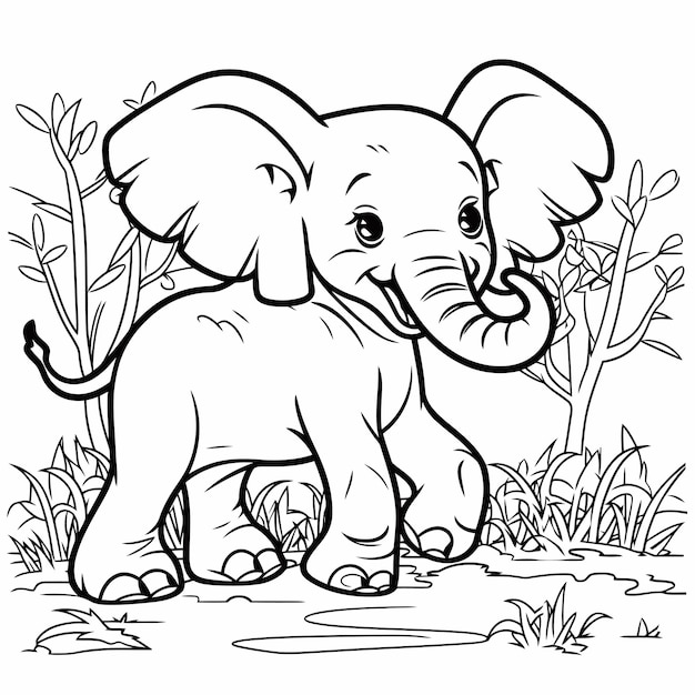 Un vector de un lindo elefante en color blanco y negro