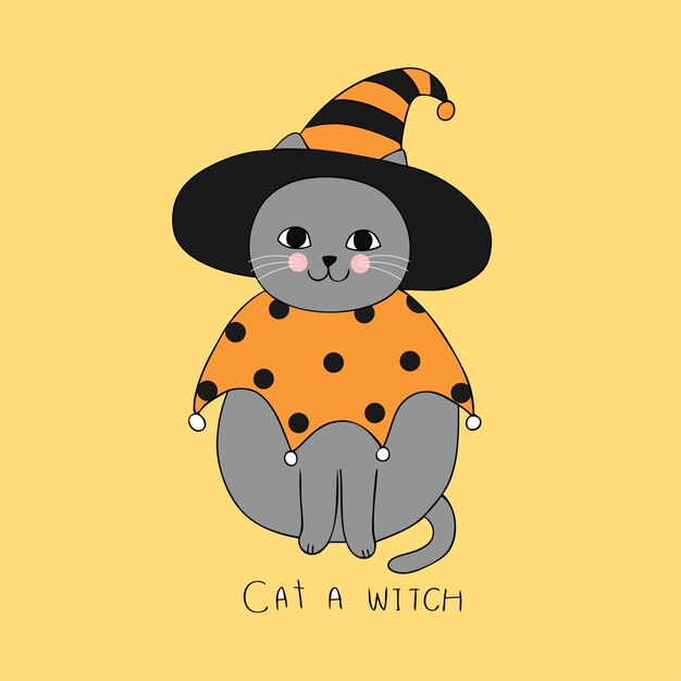 Vector lindo del gato de la bruja de halloween de la historieta.