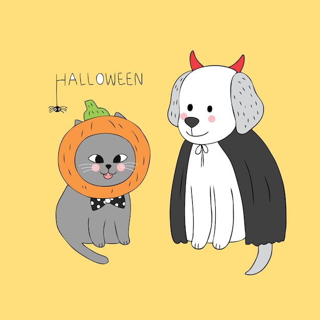 Vector vector lindo del gato y del perro de halloween de la historieta.