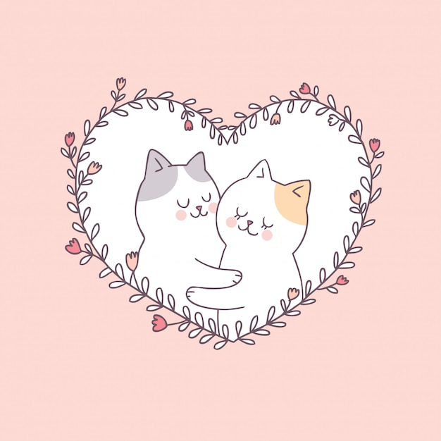 Vector vector lindo de los gatos de los pares del día de tarjetas del día de san valentín de la historieta.