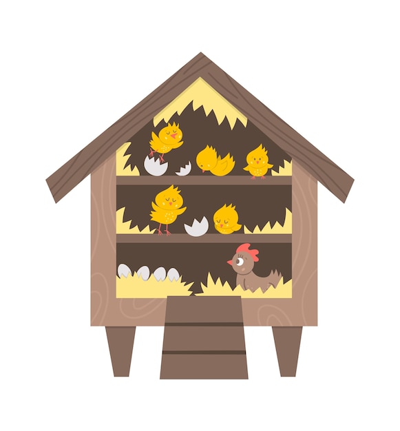 Vector lindo icono de percha con pollitos para incubar y gallina dentro. ilustración de perca divertida para niños. casa de aves de granja o jardín aislada sobre fondo blanco. foto de gallinero