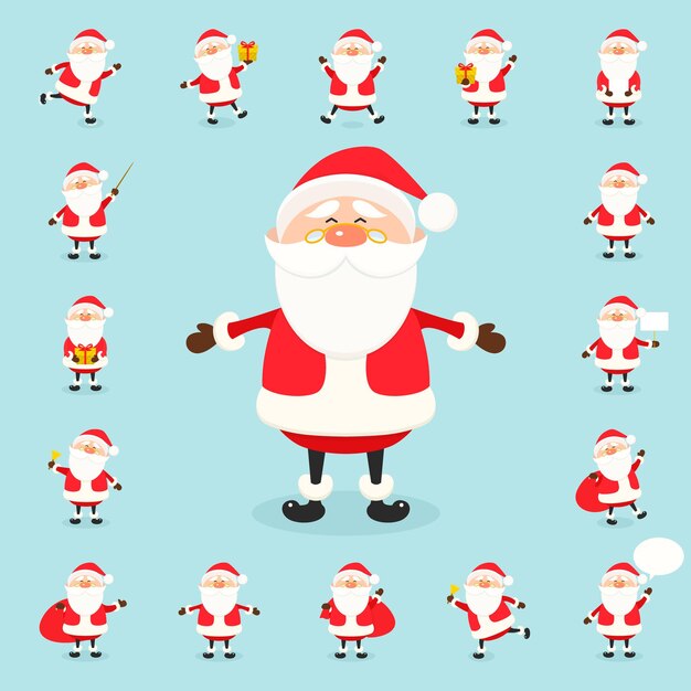 Vector lindo icono de Santa Claus en estilo plano, colección de Navidad, Navidad y año nuevo personaje en diferentes poses. Santa divertido con diferentes emociones. Plantilla de diseño en EPS10.
