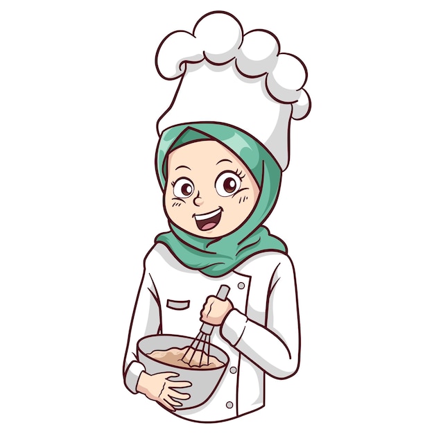 Vector, lindo, y, kawaii, musulmán, chef mujer, llevando, hijab, manga, chibi, ilustración