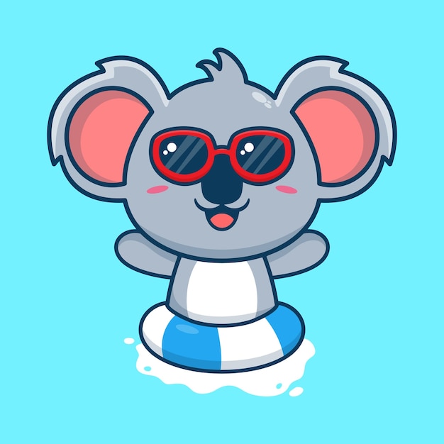 Vector lindo koala con gafas de sol flotando con el estilo de dibujos animados de natación plana