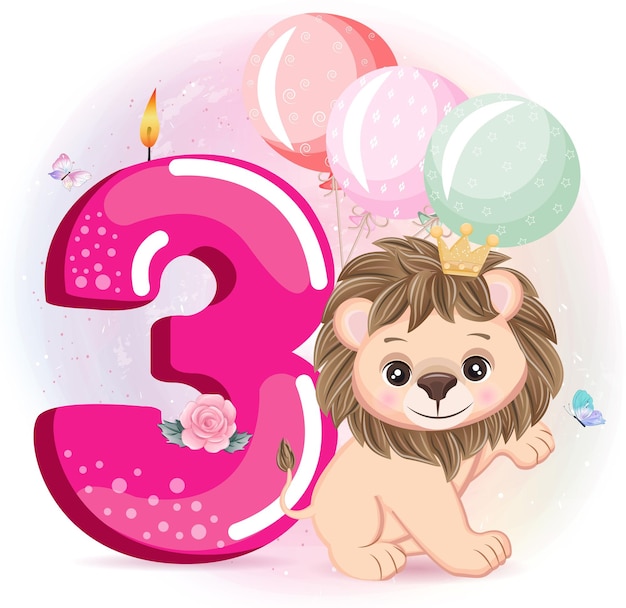 Vector vector un lindo león feliz cumpleaños 3 años