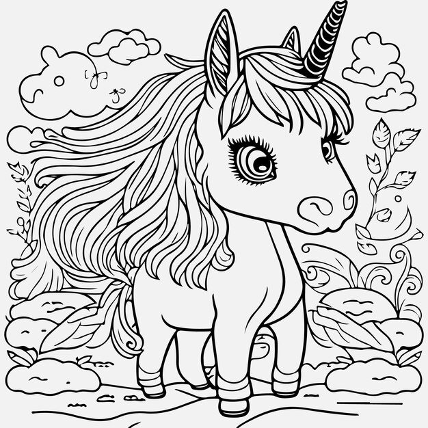 Vector lindo libro para colorear con unicornio y hermoso diseño