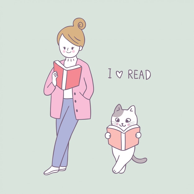 Vector lindo del libro de lectura de la mujer y del gato de la historieta.