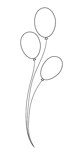 Vector lindo manojo blanco y negro de globos con lazo. Regalo de cumpleaños divertido para tarjeta, afiche, diseño de impresión. Ilustración de vacaciones para niños. Icono de línea de celebración aislado sobre fondo blanco.