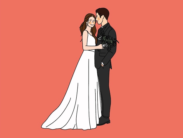 Vector lindo novios pareja en personaje de dibujos animados de vestido de novia