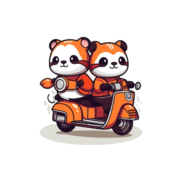 vector lindo panda y panda rojo montando scooter