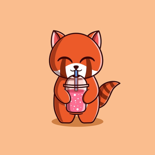 Vector Lindo Panda Rojo Bebiendo Batido Ilustración Kawaii Animal Diseño De Personajes De Dibujos Animados