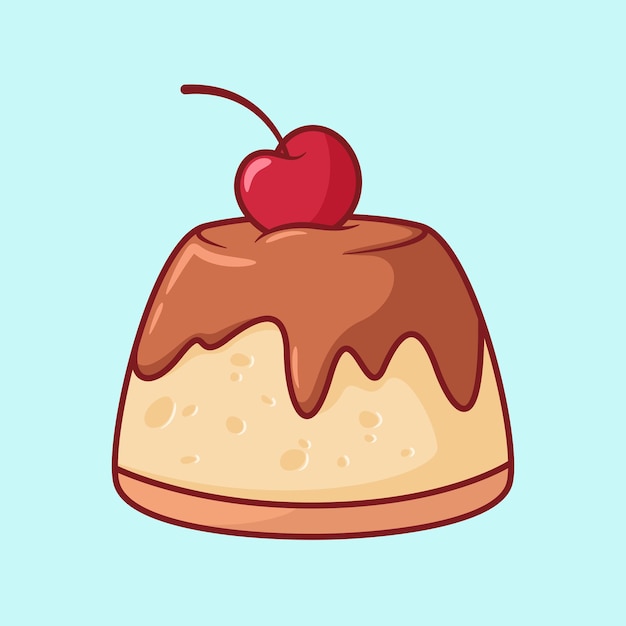 Vector lindo pastel cubierto de chocolate con cerezas ilustración de dibujos animados garabateo plano arte de líneas coloridas