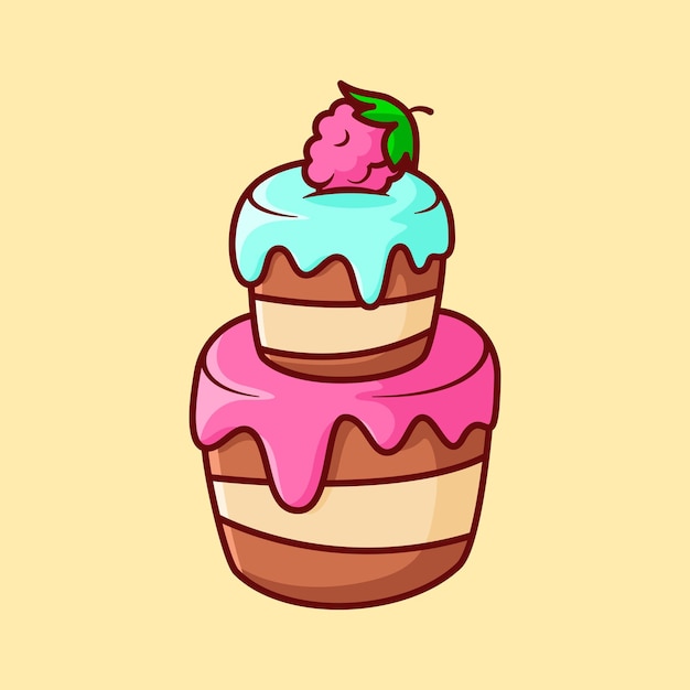 Vector lindo pastel de dos capas con frambuesas ilustración de dibujos animados doodle plano arte de líneas coloridas