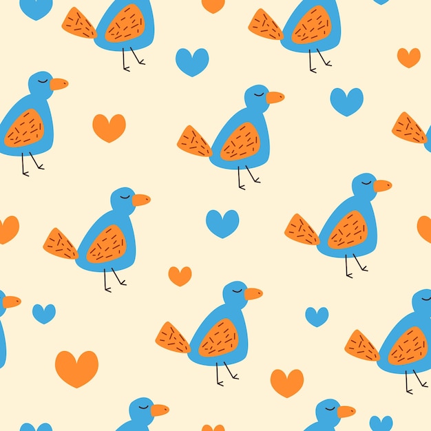 Vector lindo patrón con coloridos dibujos animados divertidos pájaros y corazones sobre un fondo beige