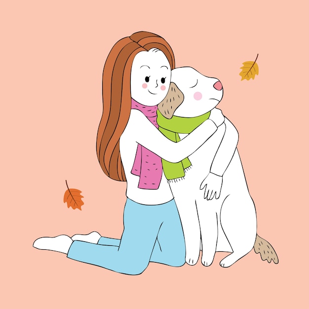 Vector lindo del perro del abrazo de la mujer de la historieta.