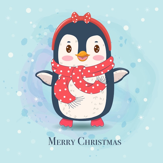 Vector un lindo pingüino de invierno con bufanda Feliz Navidad