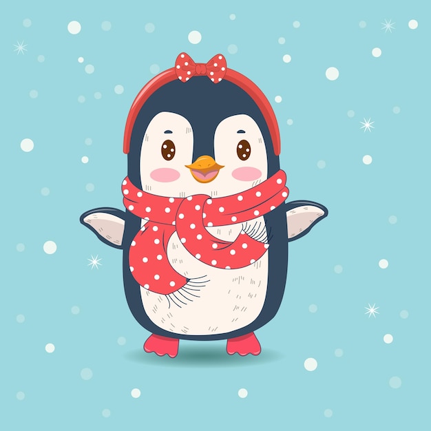 Vector un lindo pingüino de invierno con bufanda