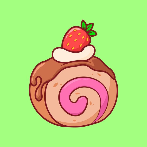 Vector lindo rollo de chocolate con fresas ilustración de dibujos animados garabateo plano arte de líneas coloridas