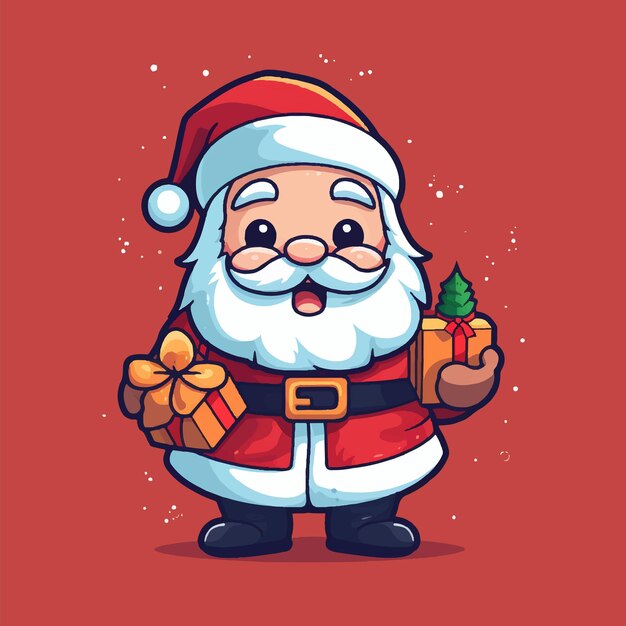 Vector vector lindo santa claus y presente ilustración de personaje de diseño plano simple