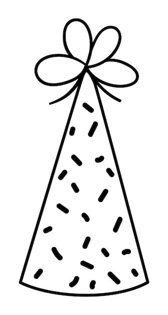 Vector lindo sombrero de cumpleaños en blanco y negro. accesorio divertido de b-day para tarjeta, poster, diseño de impresión. esquema de ilustración de vacaciones para niños. icono de línea de celebración aislado sobre fondo blanco.