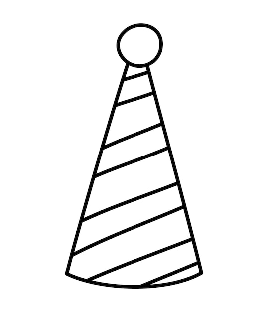 Vector lindo sombrero de cumpleaños en blanco y negro. Accesorio divertido de b-day para tarjeta, poster, diseño de impresión. Esquema de ilustración de vacaciones para niños. Icono de línea de celebración aislado sobre fondo blanco.