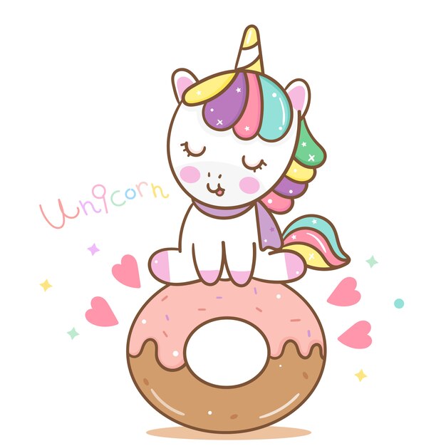 Vector lindo del unicornio con el buñuelo dulce