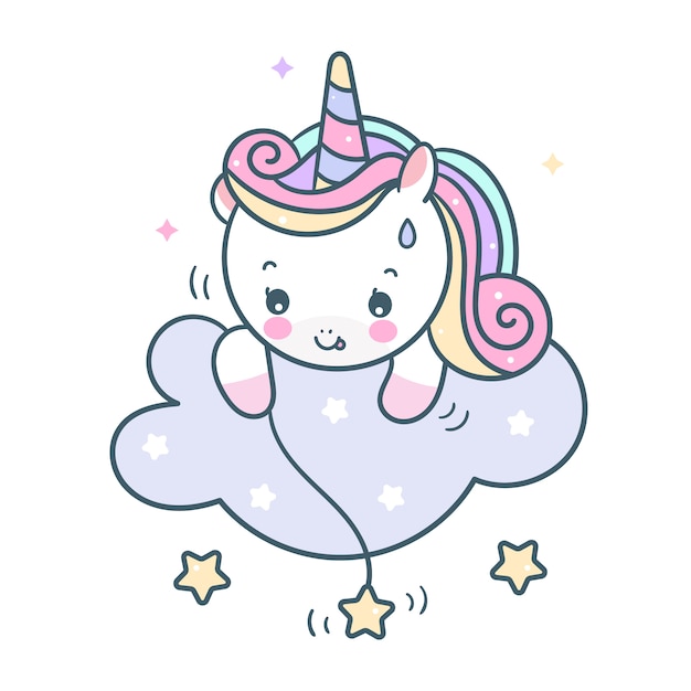 Vector lindo unicornio cogiendo estrellas en la nube