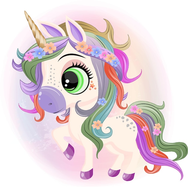 Vector un lindo unicornio de dibujos animados con flores de colores