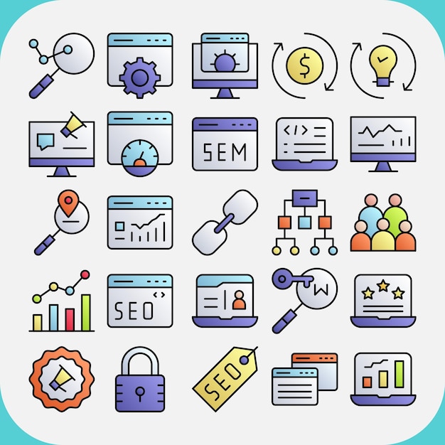 Vector line filled seo y sem icon pack se pueden usar para seo