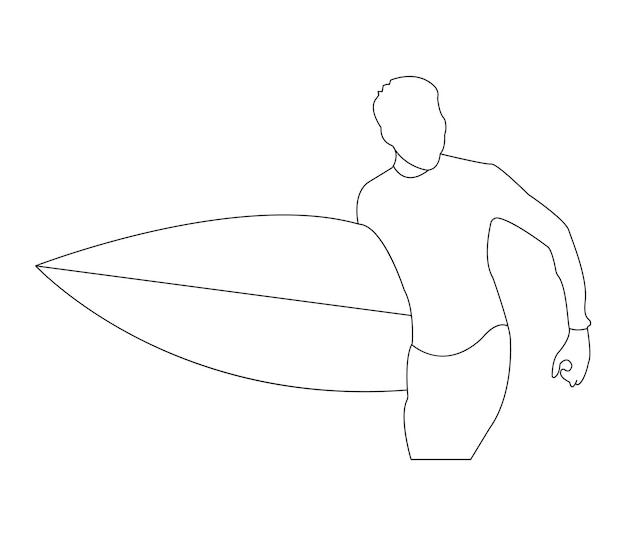 Vector de línea continua dibujando joven surfista turista feliz