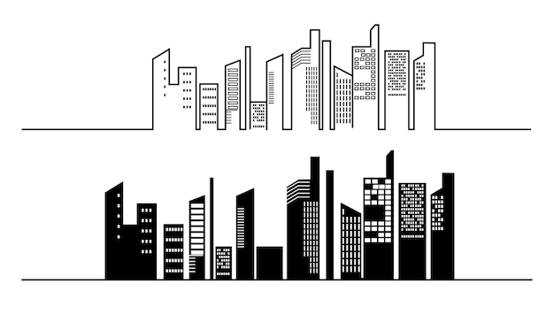 Vector, línea fina, paisaje urbano, y, silueta, panorama, urbano, moderno, paisaje urbano, con, alto, cielo