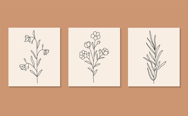 Vector de línea de plantas de campo, conjunto de vectores de flores de línea, colección de plantas, diseño de línea minimalista