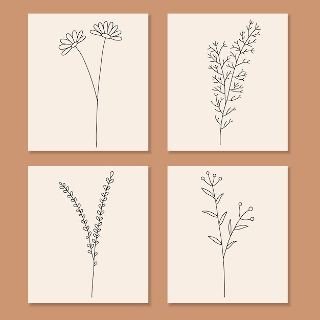 Vector vector de línea de plantas de campo, conjunto de vectores de flores de línea, colección de plantas, diseño de línea minimalista