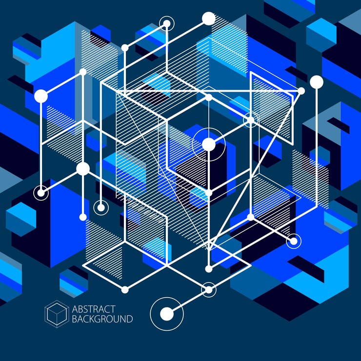 Vector vector de líneas de celosía cúbica abstracta moderna fondo negro azul. diseño de cubos, hexágonos, cuadrados, rectángulos y diferentes elementos abstractos. fondo técnico 3d abstracto.