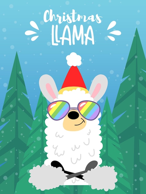 Vector llama blanca en un sombrero con texto holly jolly para navidad y año nuevo