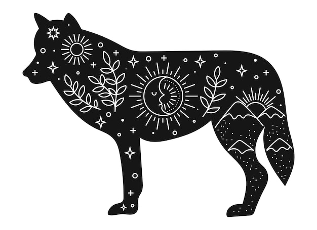 Vector lobo dibujado a mano con elementos boho para la decoración. clipart bohemio. animal del bosque