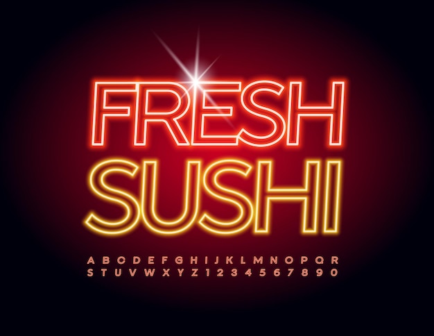 Vector logo brillante Fresh Sushi con fuente roja neón brillante conjunto de letras y números del alfabeto de moda