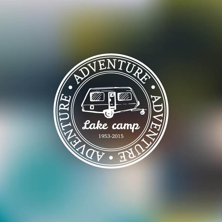 Vector vector logo de camping vintage con remolque etiqueta turística dibujada a mano