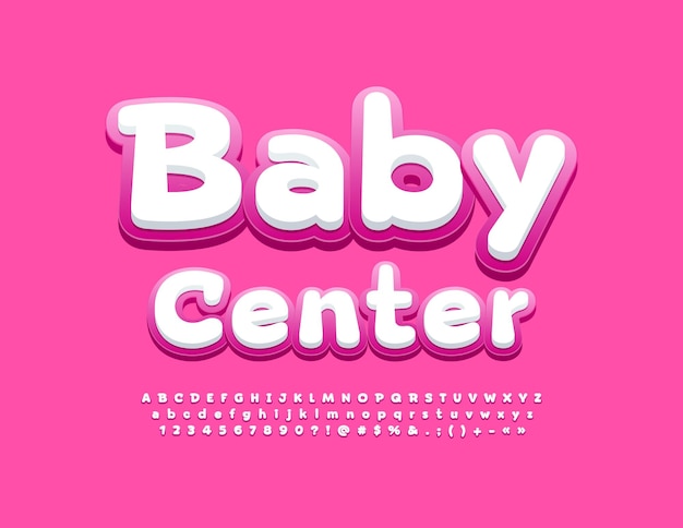 Vector logo creativo Baby Center. Linda fuente divertida. Letras del alfabeto rosa y blanco, números, símbolos