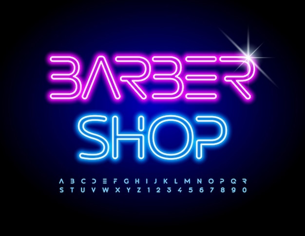 Vector logo de moda barber shop creative neon font azul brillante alfabeto letras y números conjunto