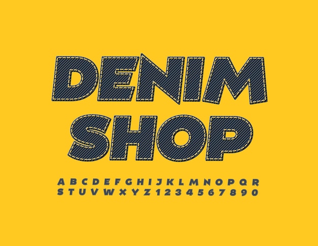 Vector logo de moda Denim Shop Jeans Letras del alfabeto y números con puntadas Textil elegante