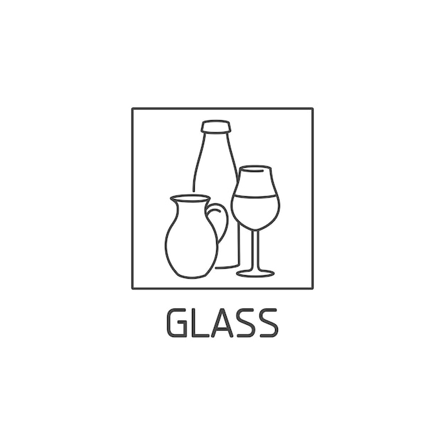 Vector logo, placa e icono para residuos de vidrio. Diseño de letreros de productos reutilizables. Símbolo de clasificación de basuras